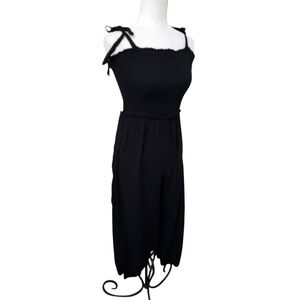 Eyeshadow Cropped  Jumpsuit Romper Smocked Wide Leg Tie Strap Black Medium